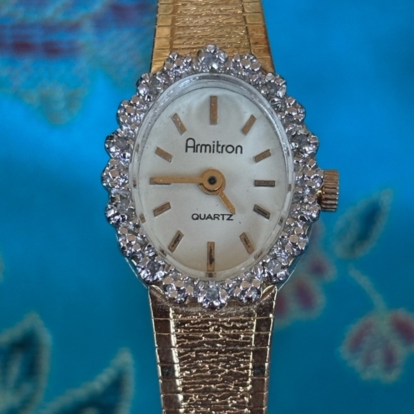 Vintage Armitron Gold Tone Oval Diamond Bezel Quartz Watch Dainty Cocktail 80s main image 15